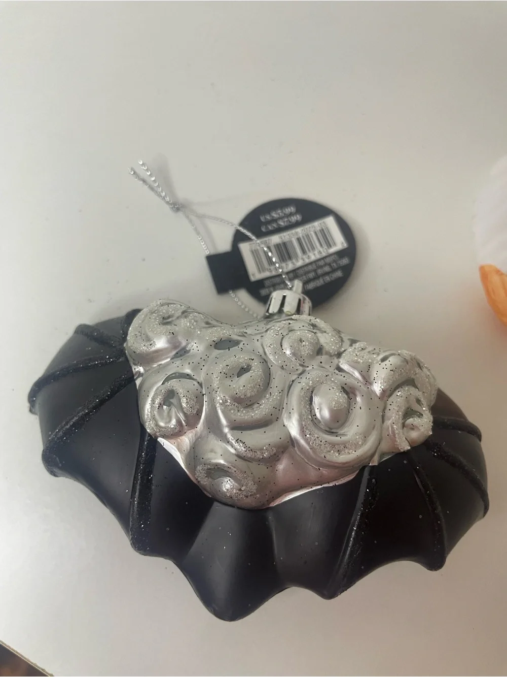 Halloween Bat, Dog and Ghost Ornaments - Black, White, Orange, Silver, Set of 4